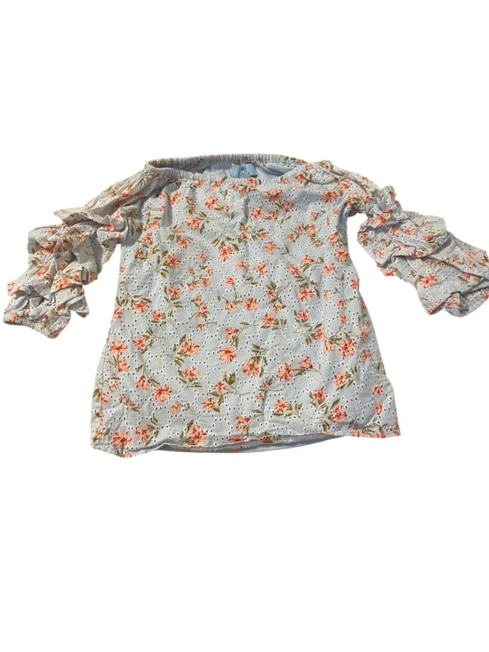 Boho Floral Eyelet Prairie Off Shoulder Top Ruffle Sleeve CottageCore Blouse S - Picture 3 of 7